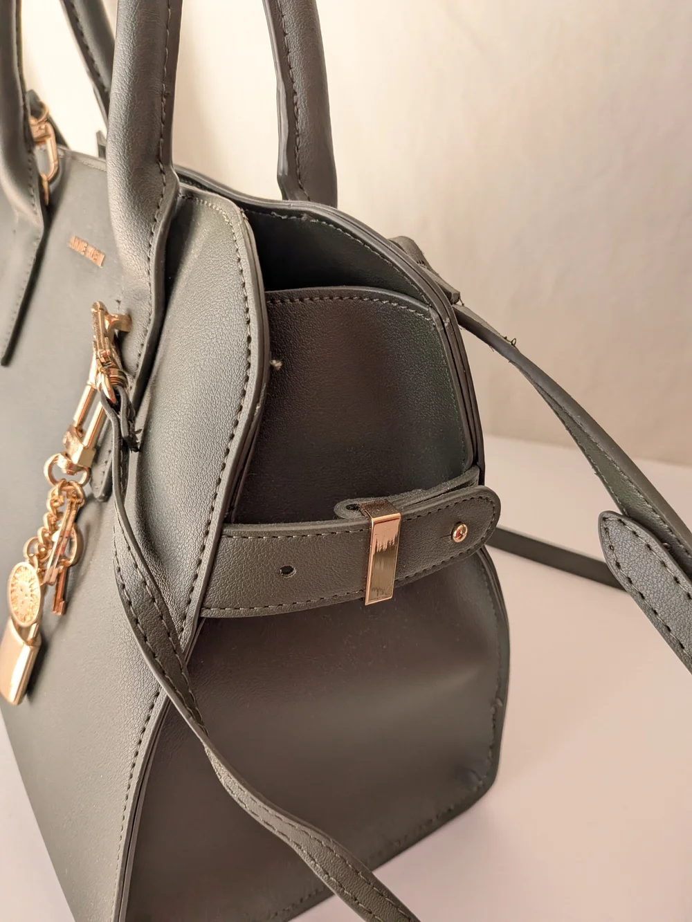 Anne Klein Dark Olive Satchel with Gold-Tone Charm